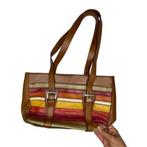 Etienne Aigner Leather Tote Bag Striped Buckle Accent‎ Shoulder Bag Purse